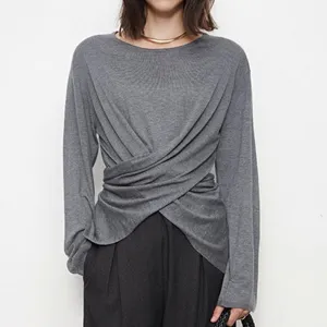 Solid Casual Pullover T Shirts For Women Round Neck Long Sleeve Patchwork Button Crisscross Chic T Shirt Female