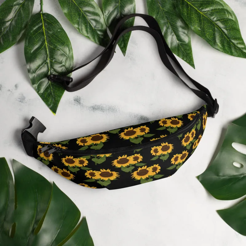 Sunflower floral Fanny Pack, Yellow Black Flower Pattern Boho Women Waist Bag, Designer Bum Bag, Small Large Belt Hip Shoulder Bag