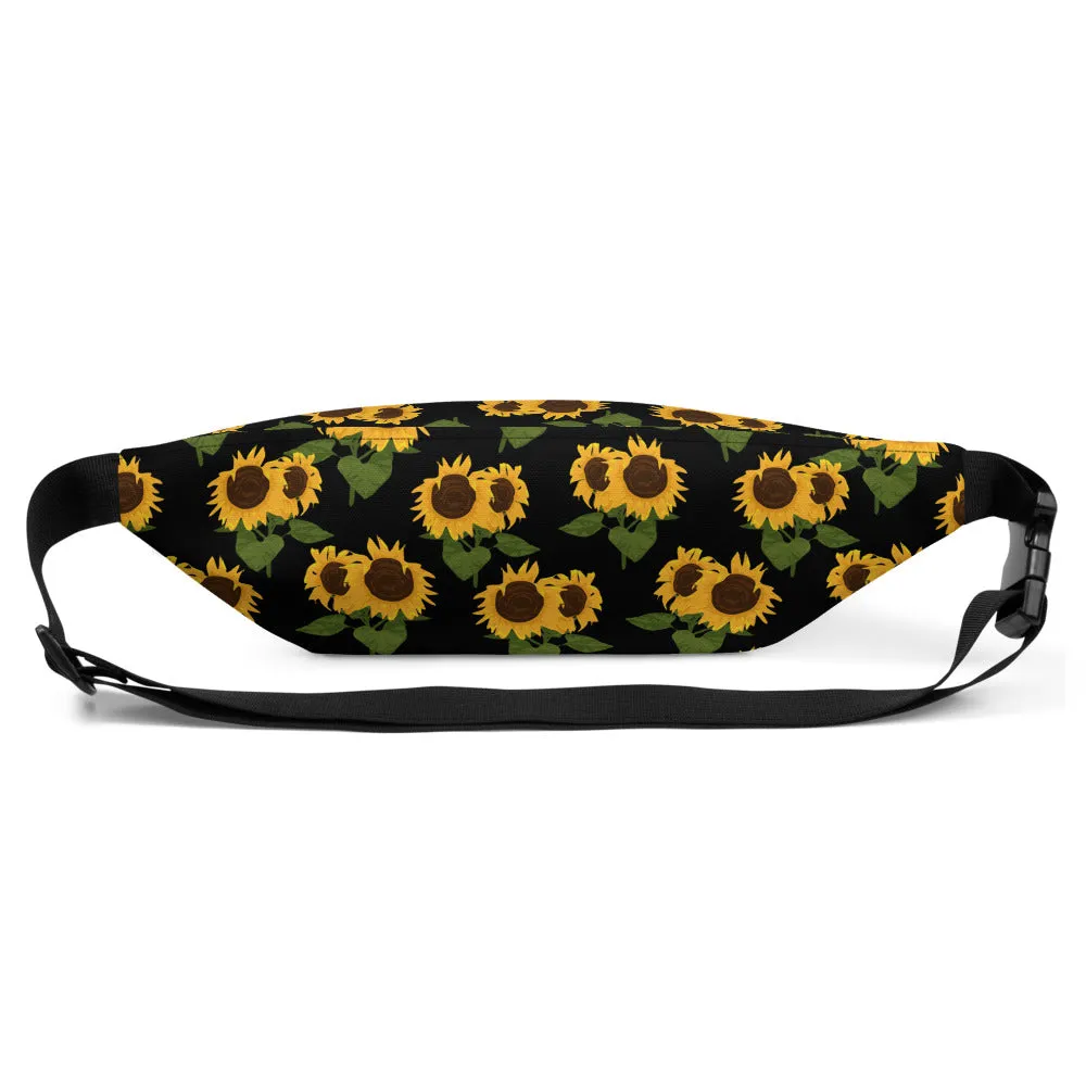Sunflower floral Fanny Pack, Yellow Black Flower Pattern Boho Women Waist Bag, Designer Bum Bag, Small Large Belt Hip Shoulder Bag