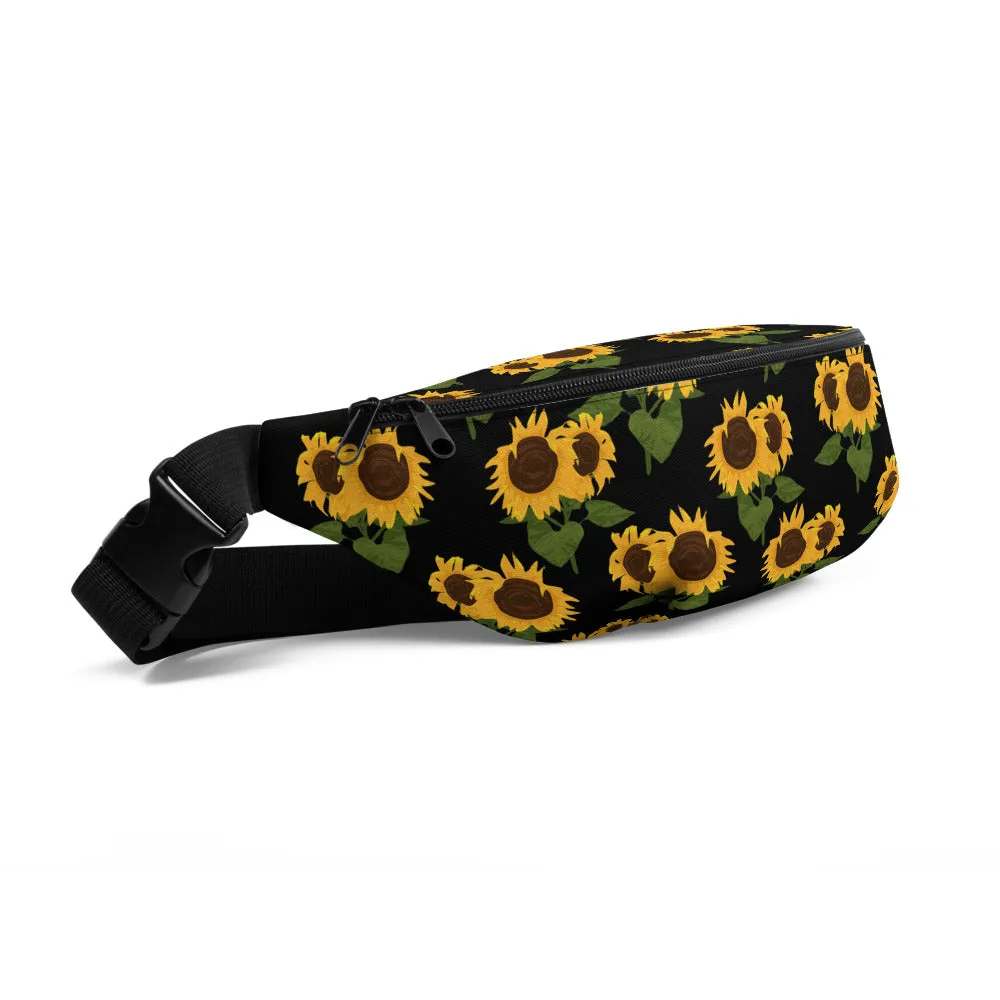 Sunflower floral Fanny Pack, Yellow Black Flower Pattern Boho Women Waist Bag, Designer Bum Bag, Small Large Belt Hip Shoulder Bag