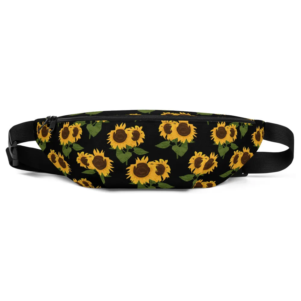 Sunflower floral Fanny Pack, Yellow Black Flower Pattern Boho Women Waist Bag, Designer Bum Bag, Small Large Belt Hip Shoulder Bag