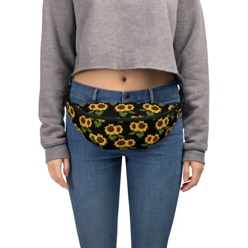 Sunflower floral Fanny Pack, Yellow Black Flower Pattern Boho Women Waist Bag, Designer Bum Bag, Small Large Belt Hip Shoulder Bag