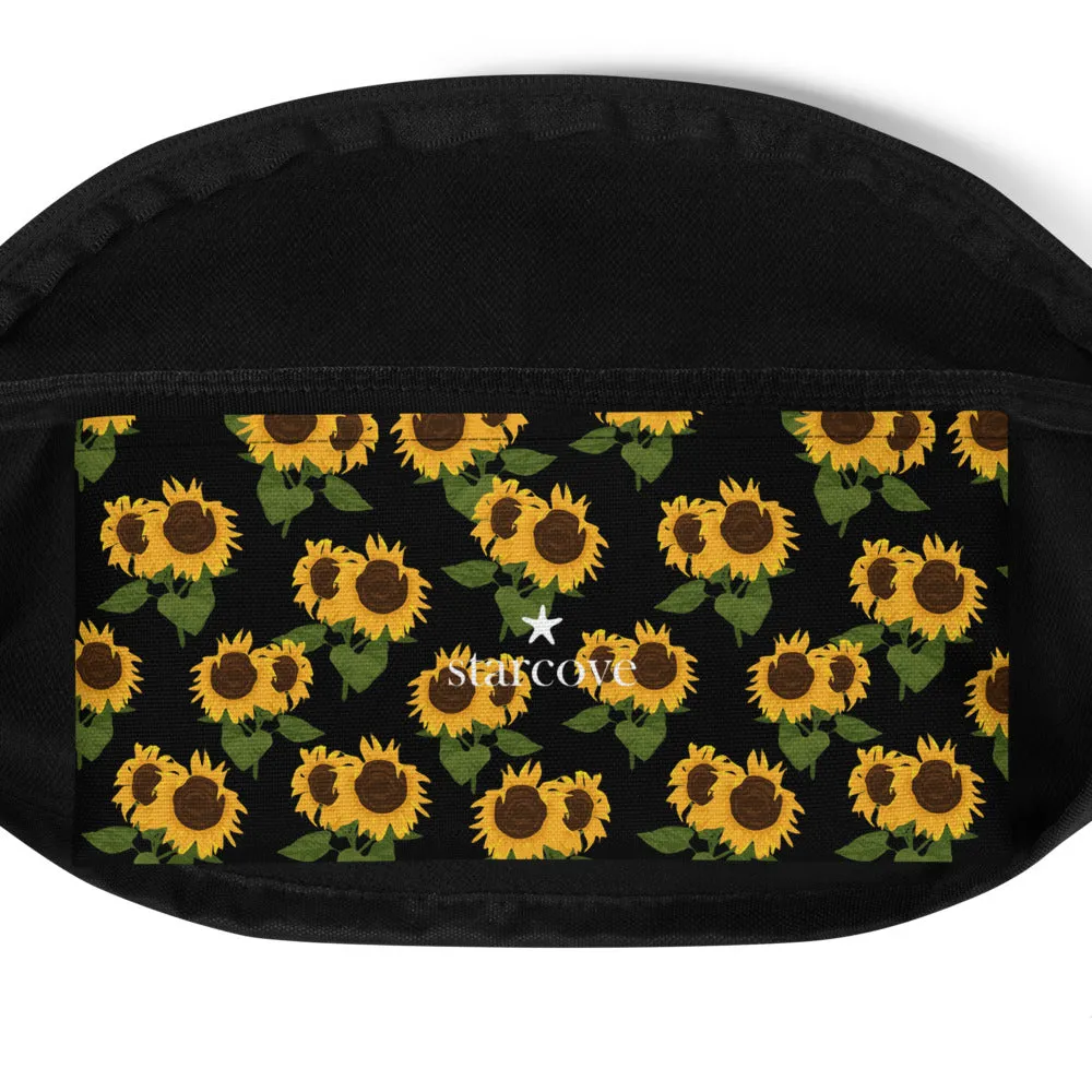 Sunflower floral Fanny Pack, Yellow Black Flower Pattern Boho Women Waist Bag, Designer Bum Bag, Small Large Belt Hip Shoulder Bag
