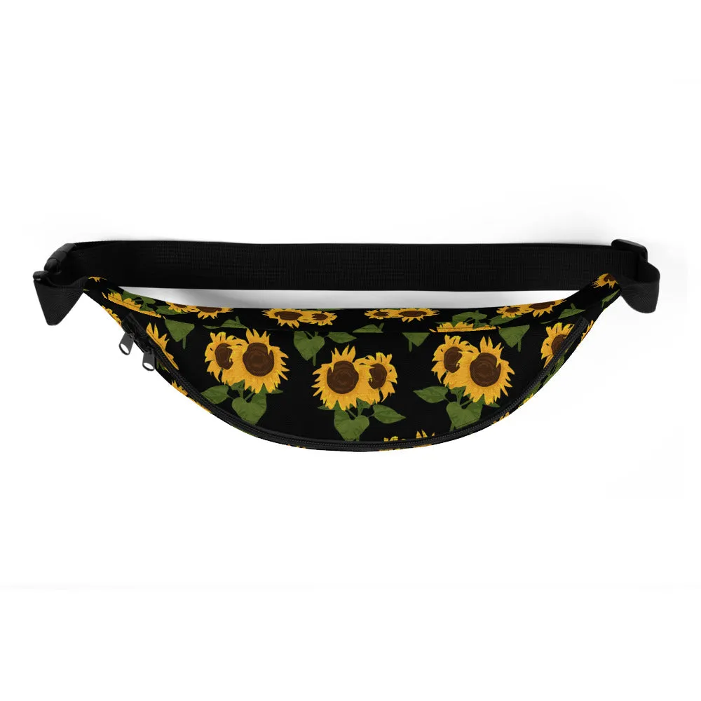 Sunflower floral Fanny Pack, Yellow Black Flower Pattern Boho Women Waist Bag, Designer Bum Bag, Small Large Belt Hip Shoulder Bag