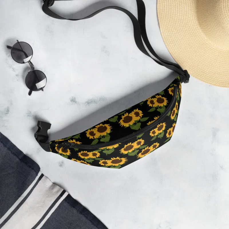 Sunflower floral Fanny Pack, Yellow Black Flower Pattern Boho Women Waist Bag, Designer Bum Bag, Small Large Belt Hip Shoulder Bag