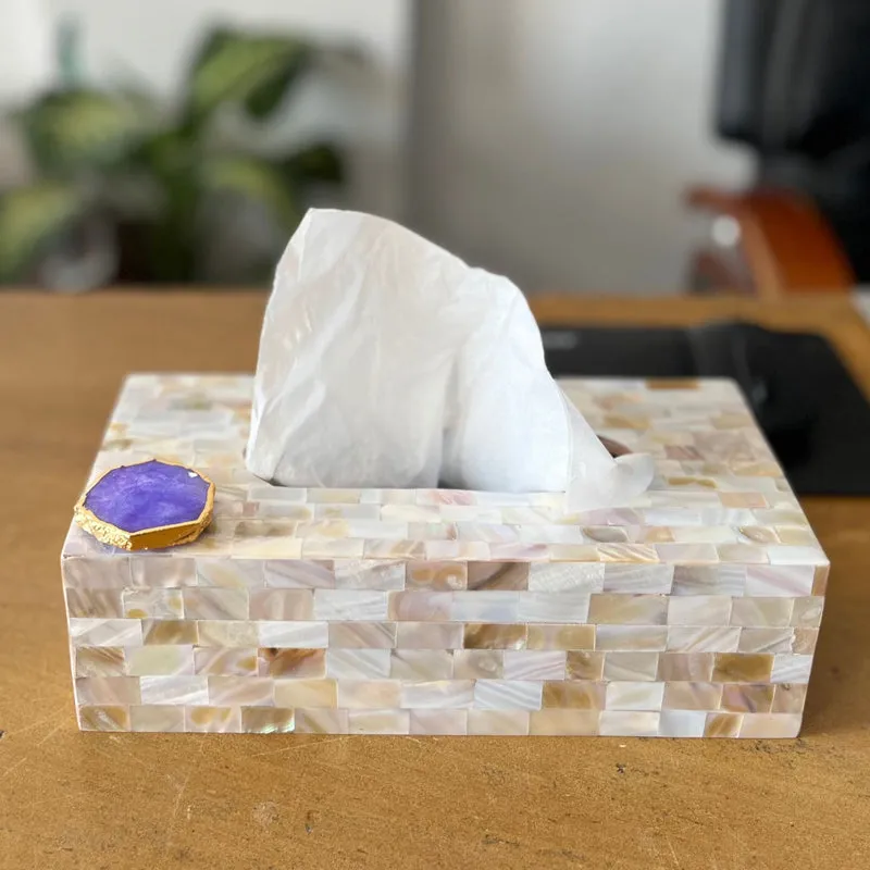 Suzzaine Handcrafted Mother Of Pearl & Agate Tissue Box - White & Beige