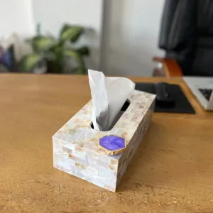 Suzzaine Handcrafted Mother Of Pearl & Agate Tissue Box - White & Beige