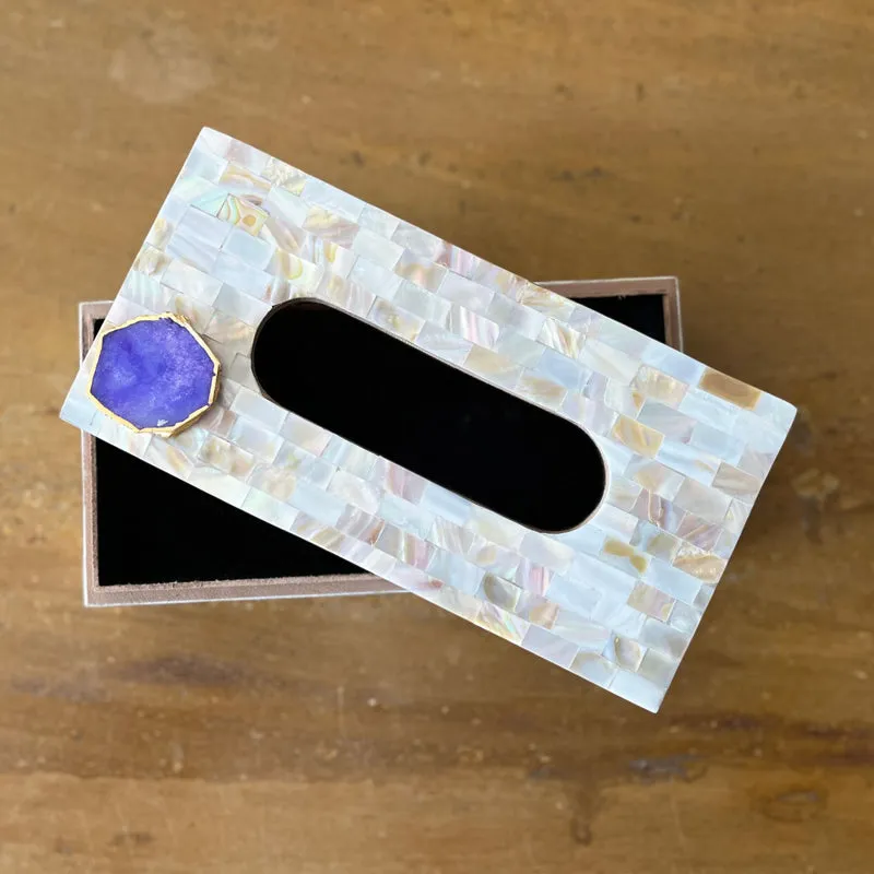 Suzzaine Handcrafted Mother Of Pearl & Agate Tissue Box - White & Beige