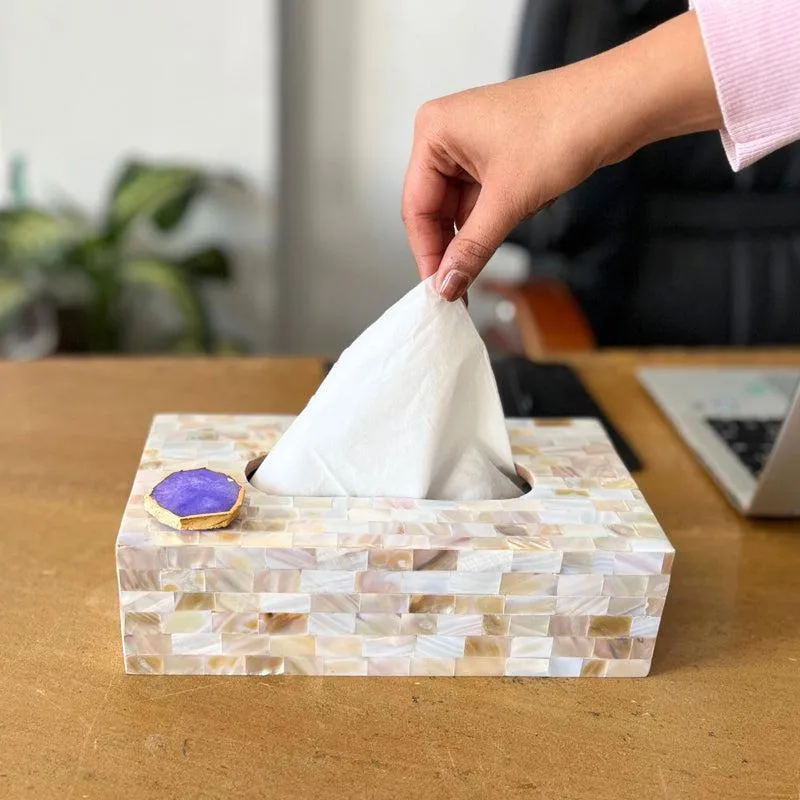 Suzzaine Handcrafted Mother Of Pearl & Agate Tissue Box - White & Beige