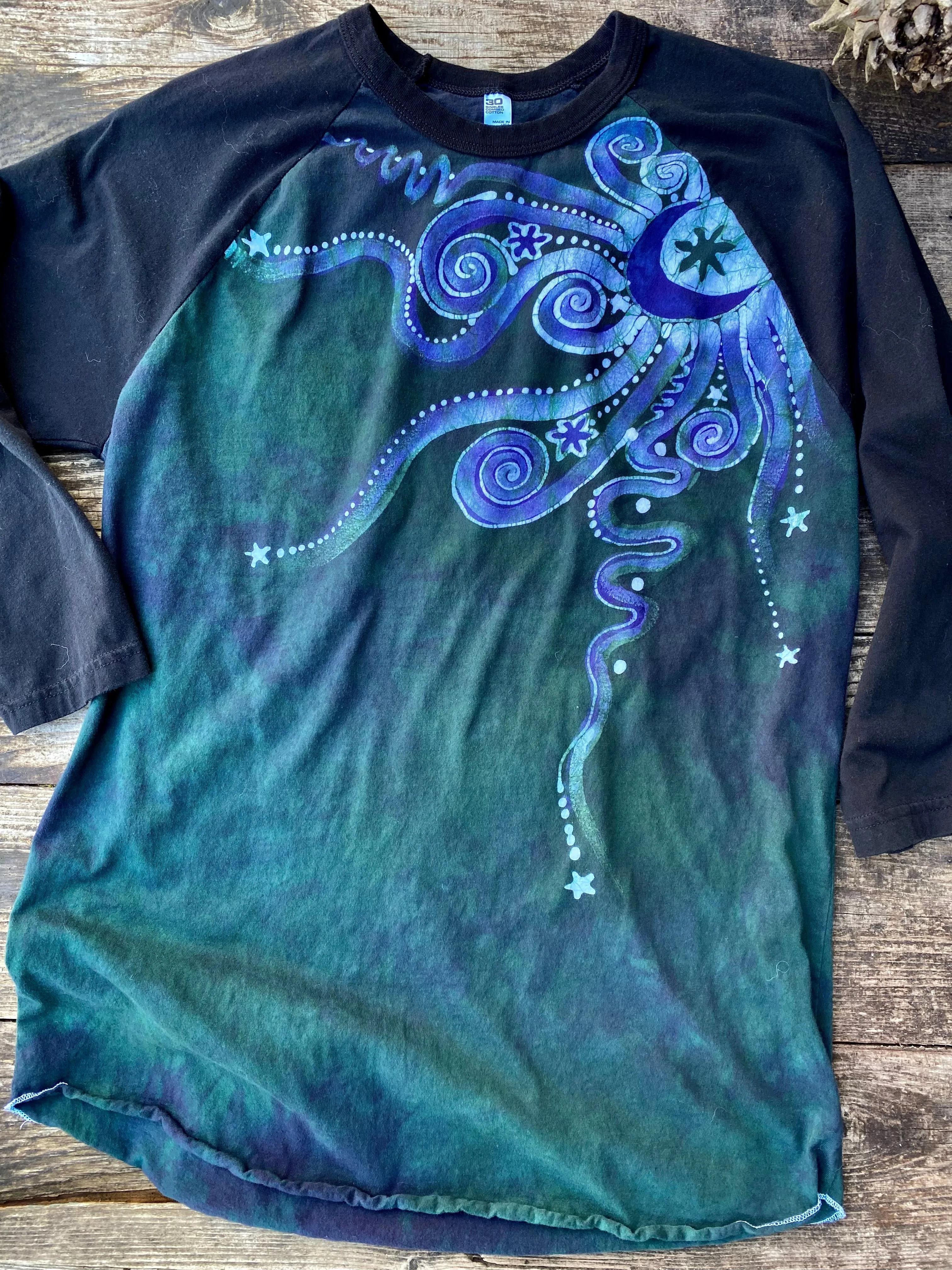Teal Moonbeams Black Raglan 3/4 Sleeve Batik Top