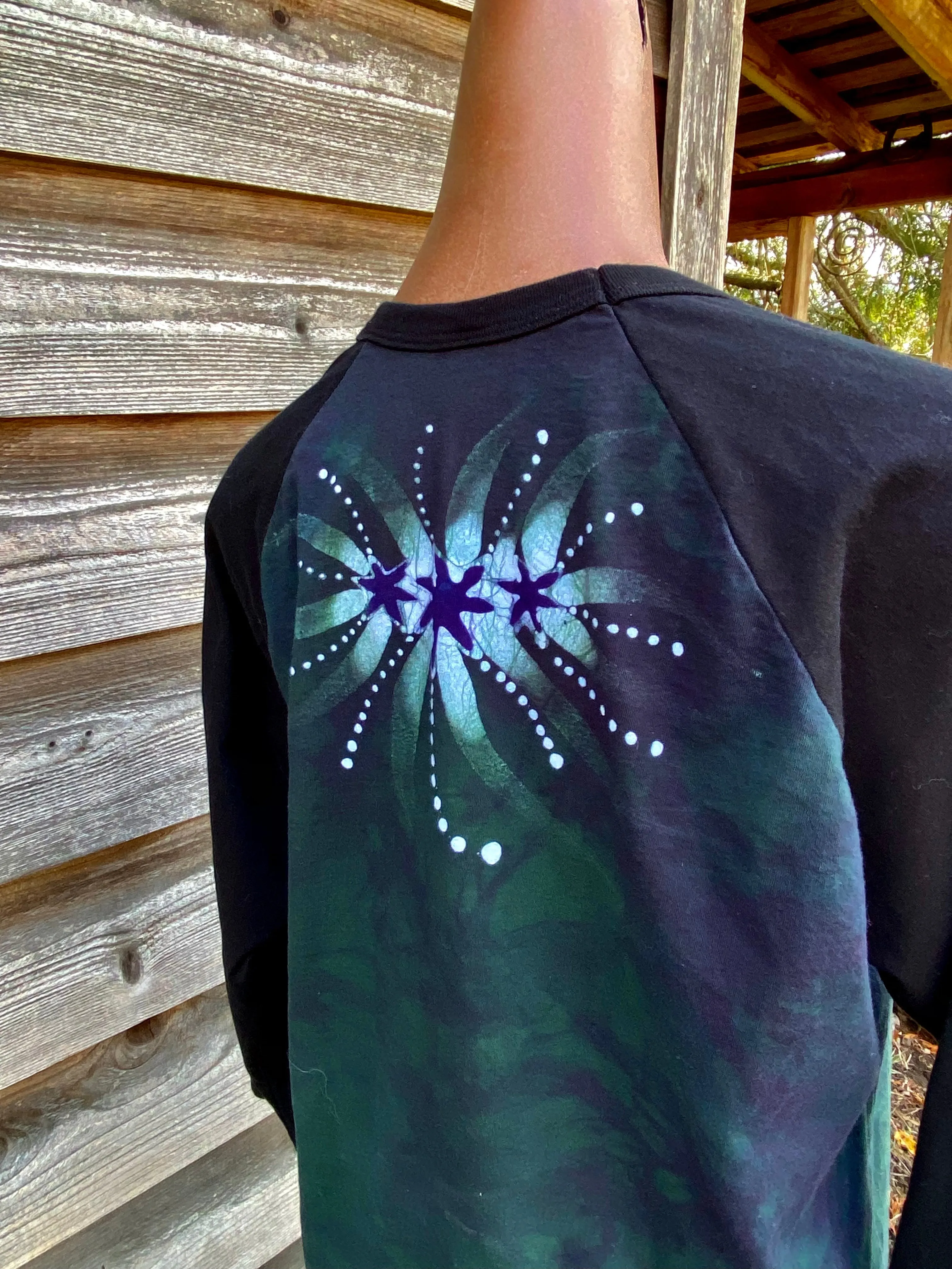 Teal Moonbeams Black Raglan 3/4 Sleeve Batik Top