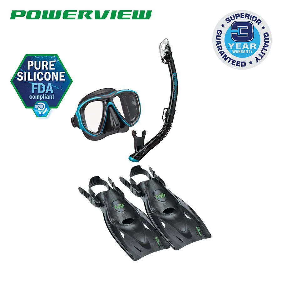 Tusa Powerview Dry Adult Travel Mask, Snorkel and Fin Set