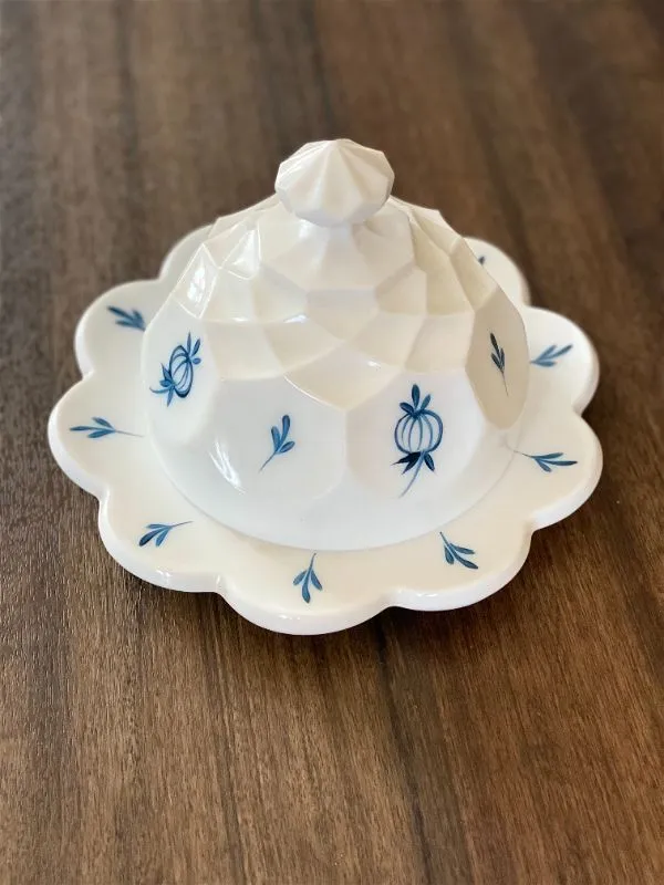 Vintage Blue and White Hand painted Milkglass Butter Dish
