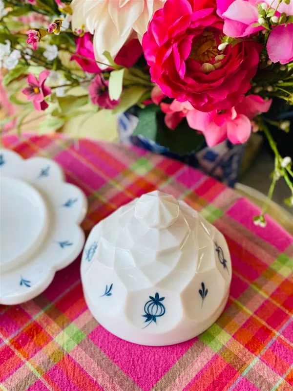 Vintage Blue and White Hand painted Milkglass Butter Dish