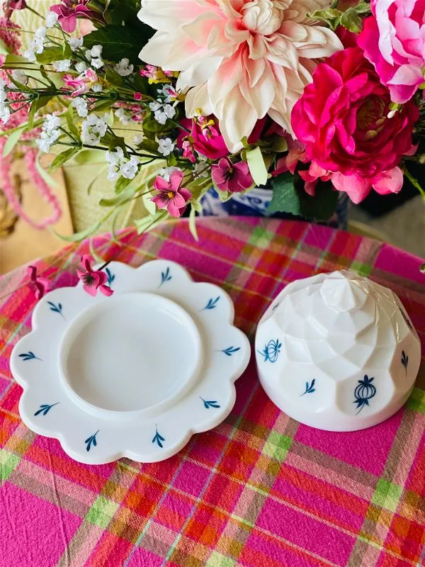 Vintage Blue and White Hand painted Milkglass Butter Dish