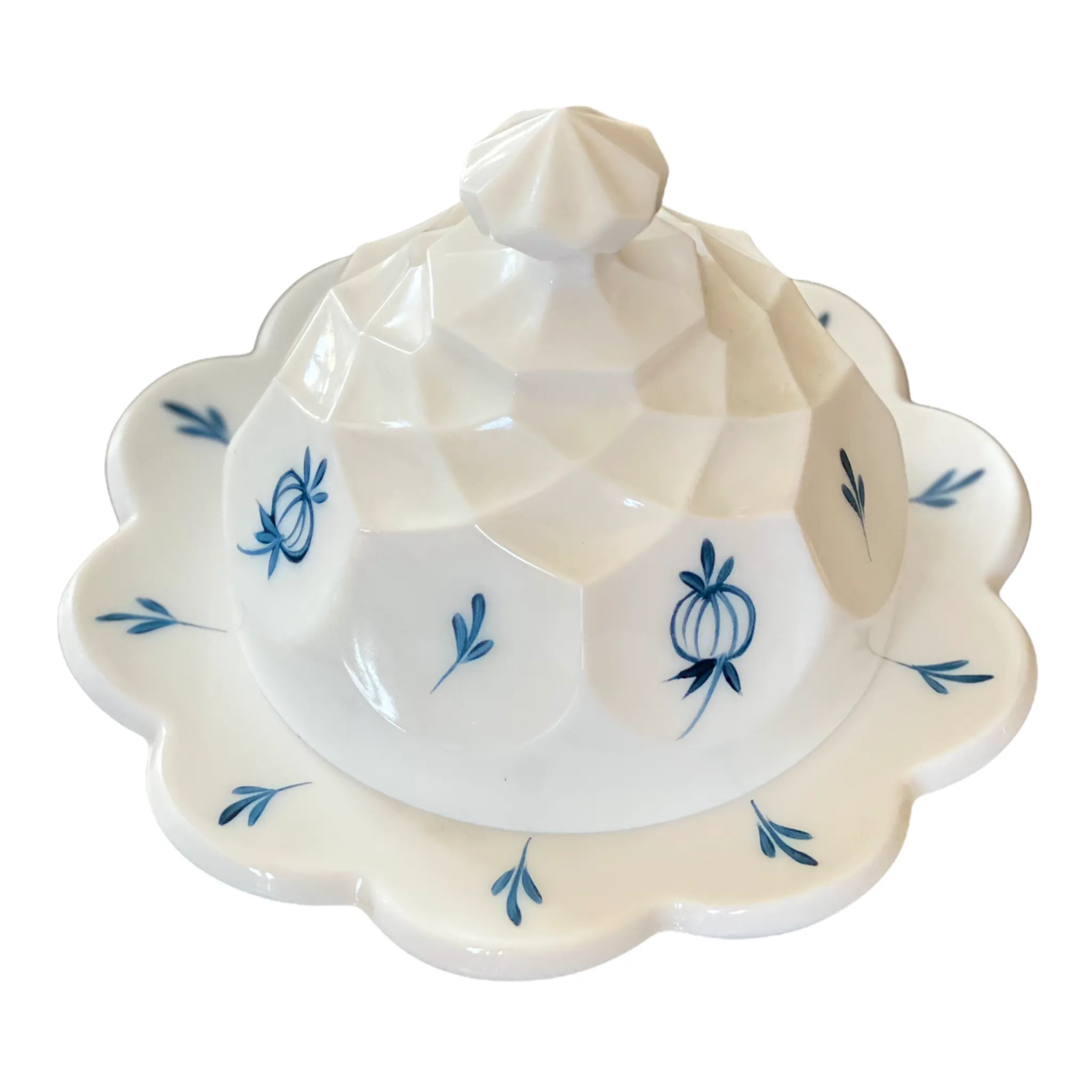 Vintage Blue and White Hand painted Milkglass Butter Dish