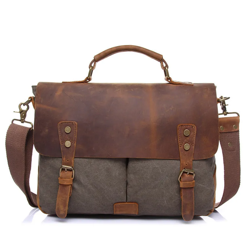 Vintage Leather Canvas Crossbody Business Briefcase