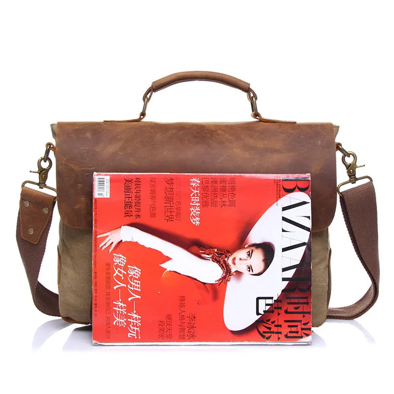 Vintage Leather Canvas Crossbody Business Briefcase