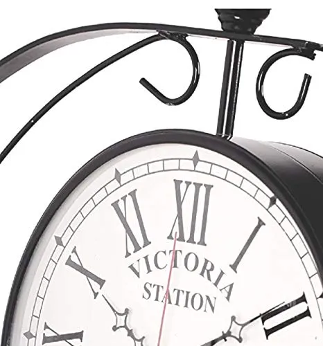 Vintage Product Antique Double Sided Railway Station/Platform Analogue Iron Metal Wall Clock (Black, 8 X 8 Inch)