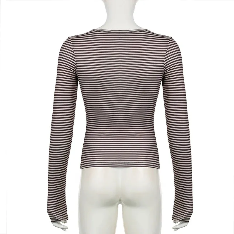 Vintage Skinny V-Neck Autumn Tee Shirts Stripe Y2K Aesthetic Pullover Knit Tie-Up Harajuku Autumn Top Long Sleeve New