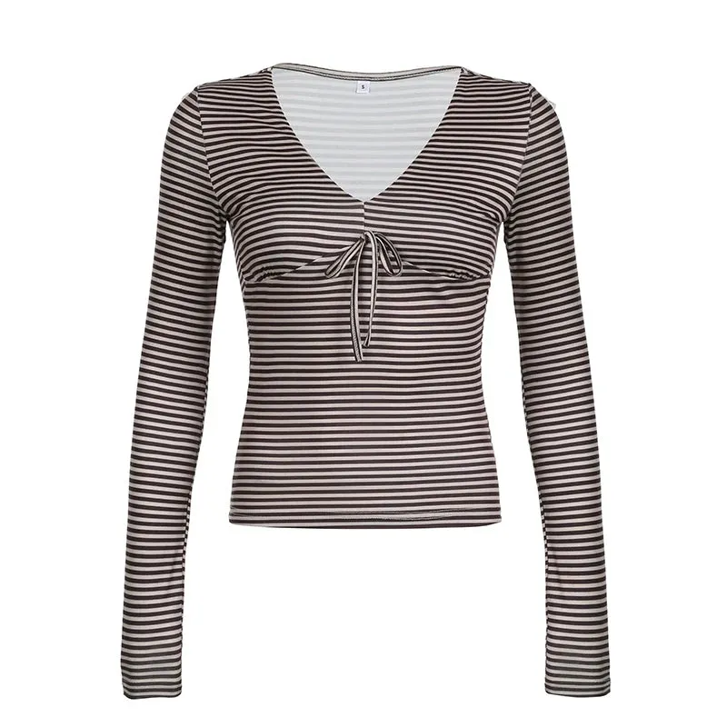 Vintage Skinny V-Neck Autumn Tee Shirts Stripe Y2K Aesthetic Pullover Knit Tie-Up Harajuku Autumn Top Long Sleeve New