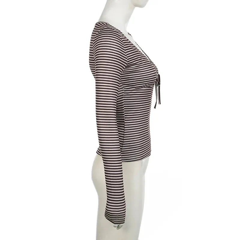 Vintage Skinny V-Neck Autumn Tee Shirts Stripe Y2K Aesthetic Pullover Knit Tie-Up Harajuku Autumn Top Long Sleeve New