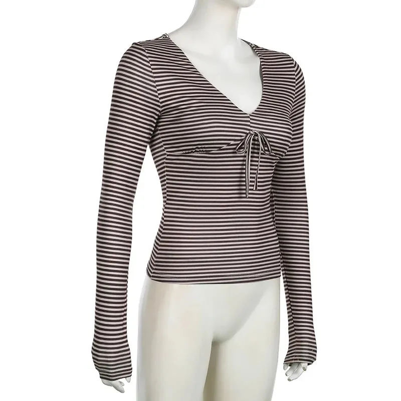Vintage Skinny V-Neck Autumn Tee Shirts Stripe Y2K Aesthetic Pullover Knit Tie-Up Harajuku Autumn Top Long Sleeve New