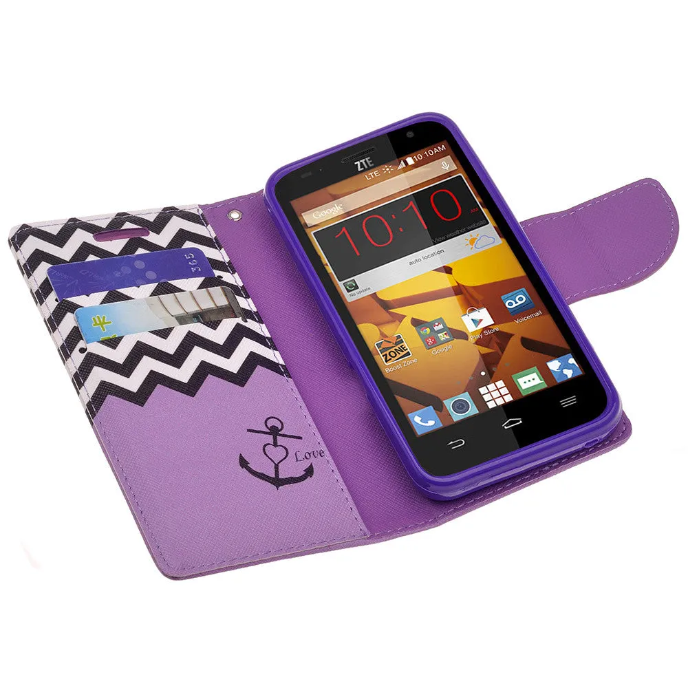 ZTE Speed Case, Wrist Strap Magnetic Fold[Kickstand] Pu Leather Wallet Case with ID & Credit Card Slots for ZTE Speed - Purple Anchor